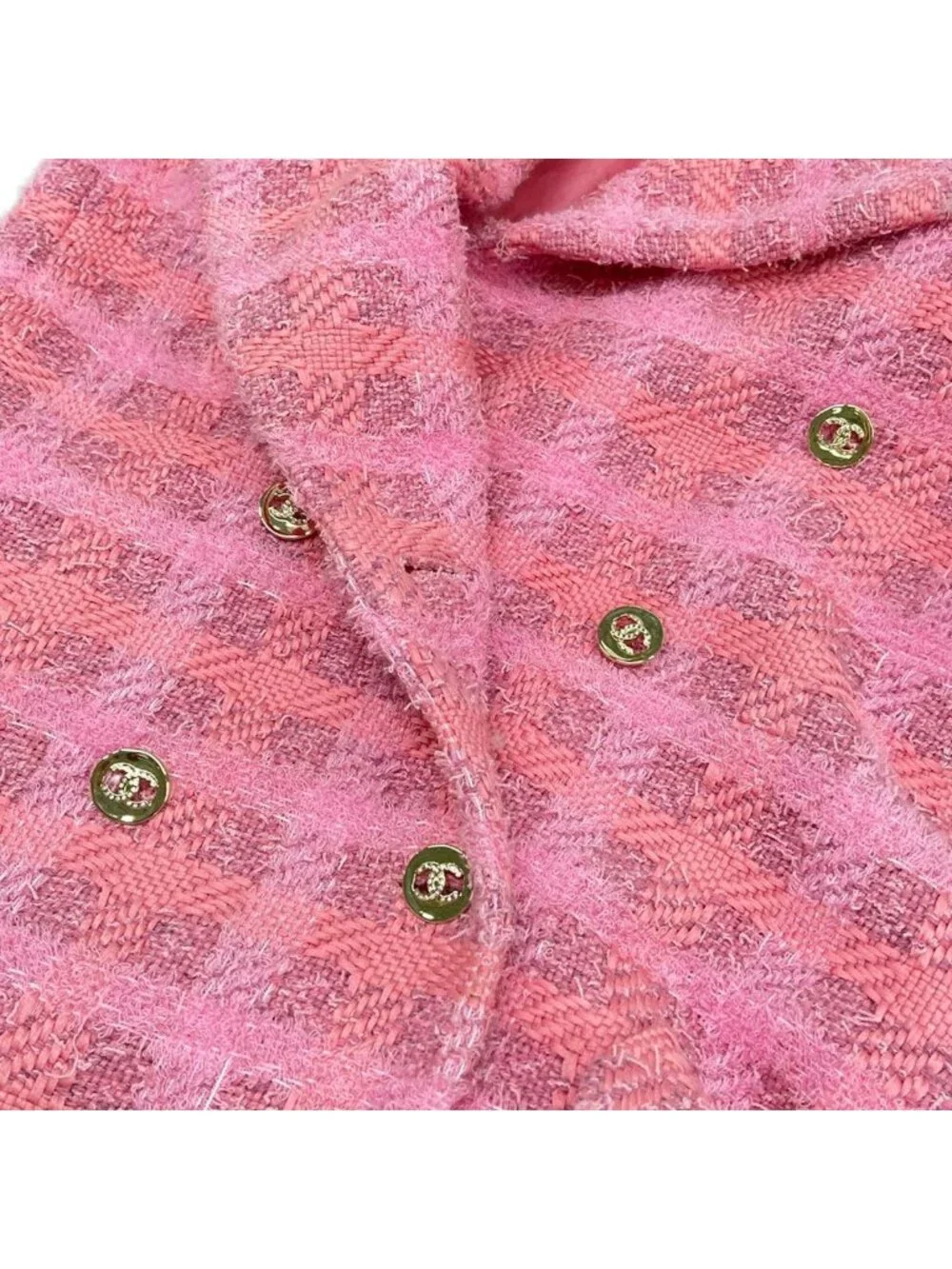 Chanel Coat 34 S Pink Tweed Plaid Rhinestone CC Logo Button Fall Winter Cotton